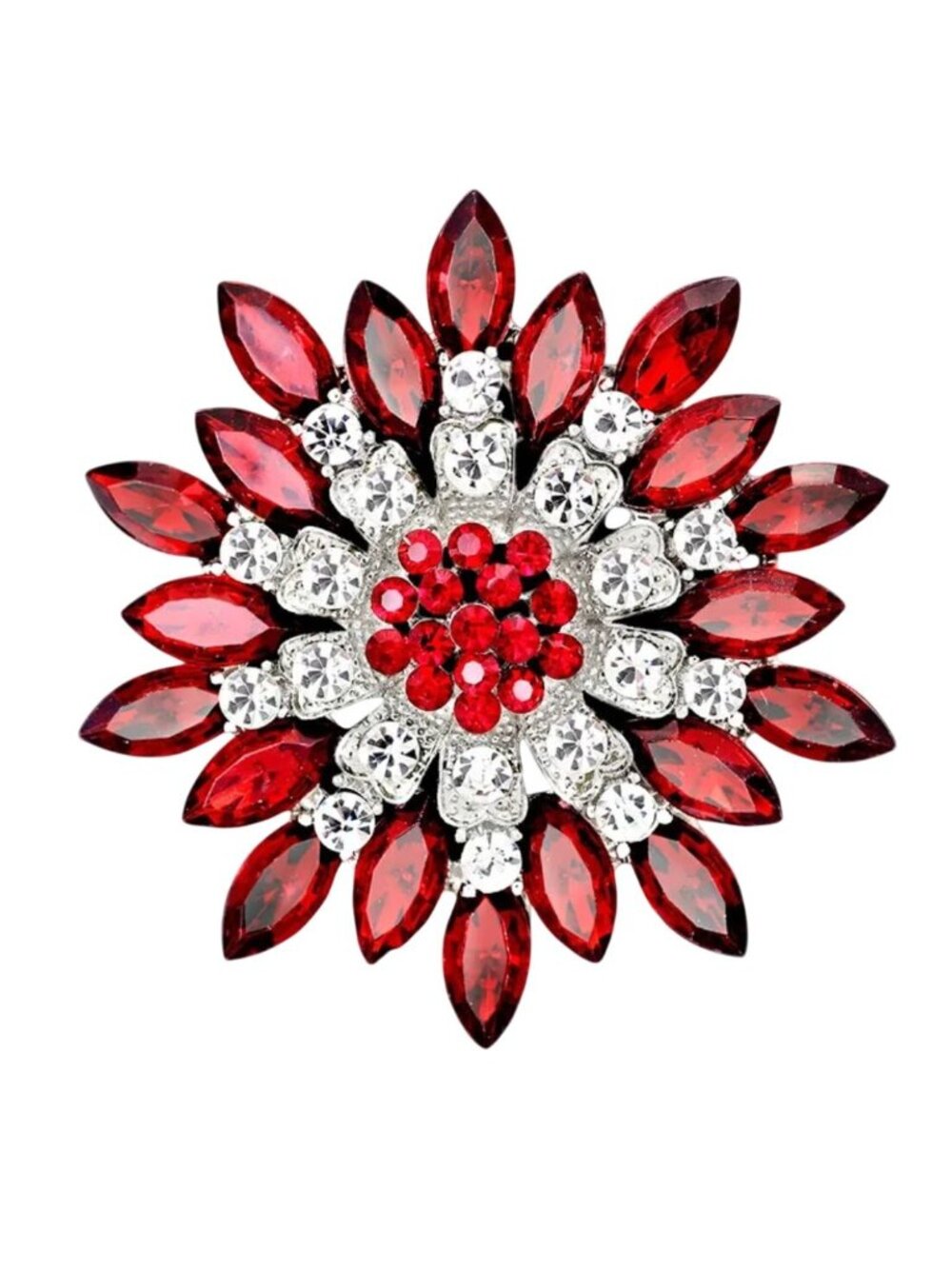 Red & Clear Rhinestone Flower Brooch Starburst